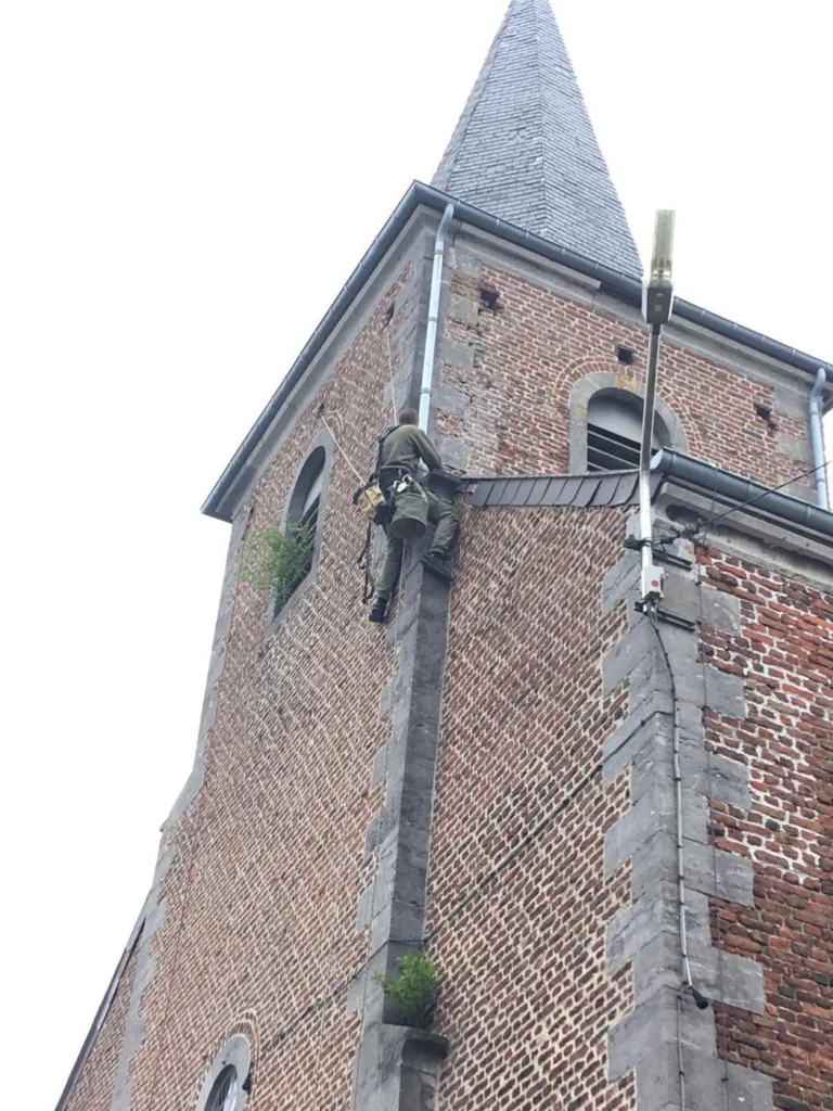 Le cordiste au travail près du chaînage d'angle en pierre bleue de la tour