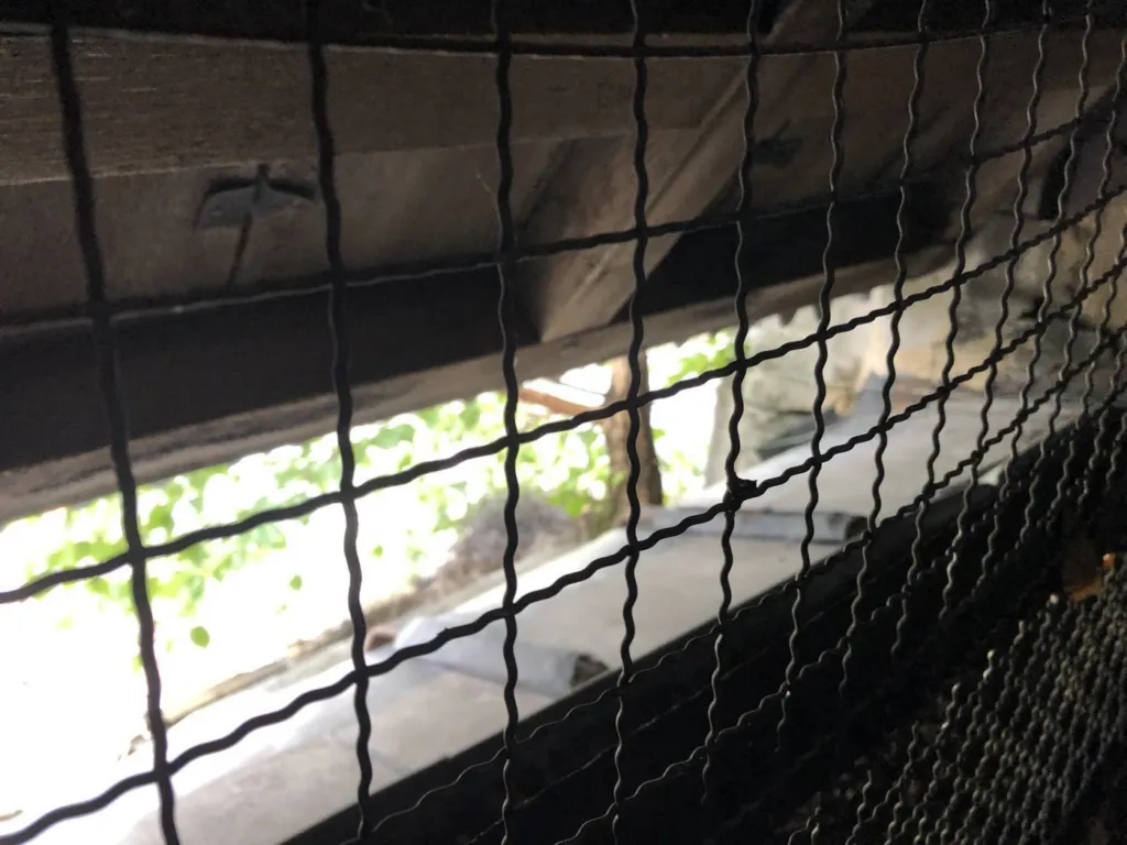 Détail du grillage posé devant une baie du clocher