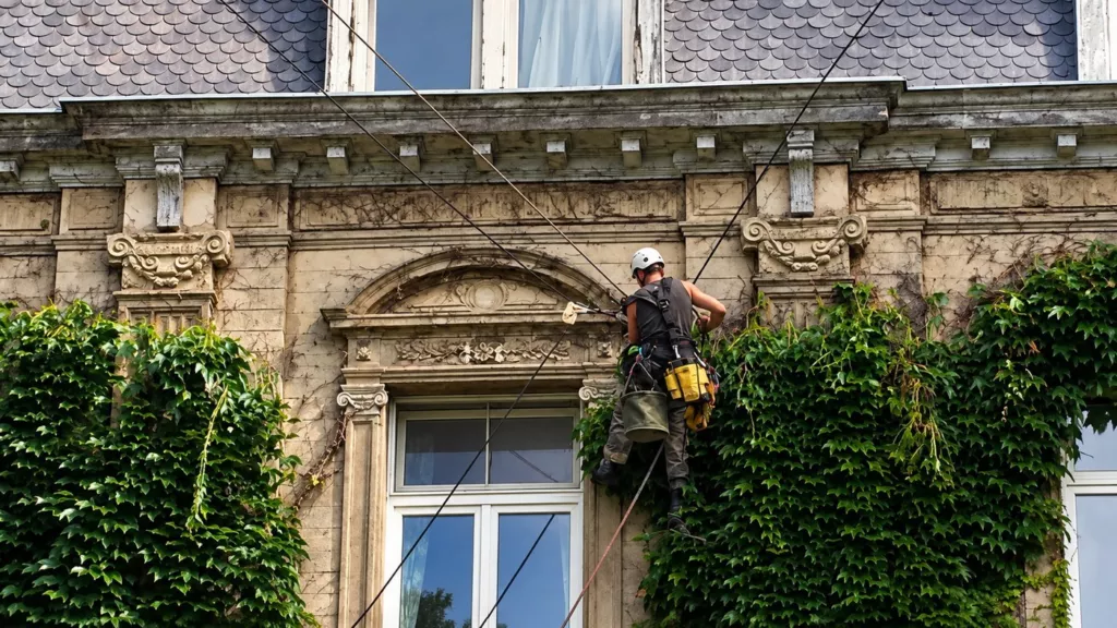 Cordiste au travail sur une façade en pierre sculptée, le lierre taillé autour de la fenêtre, Éghezée