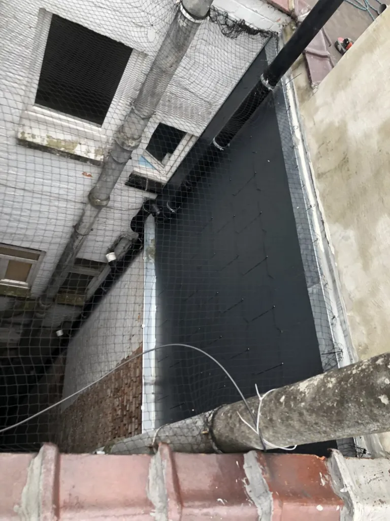 Filet anti-pigeon tendu au-dessus d'une courette bruxelloise, vu depuis la toiture